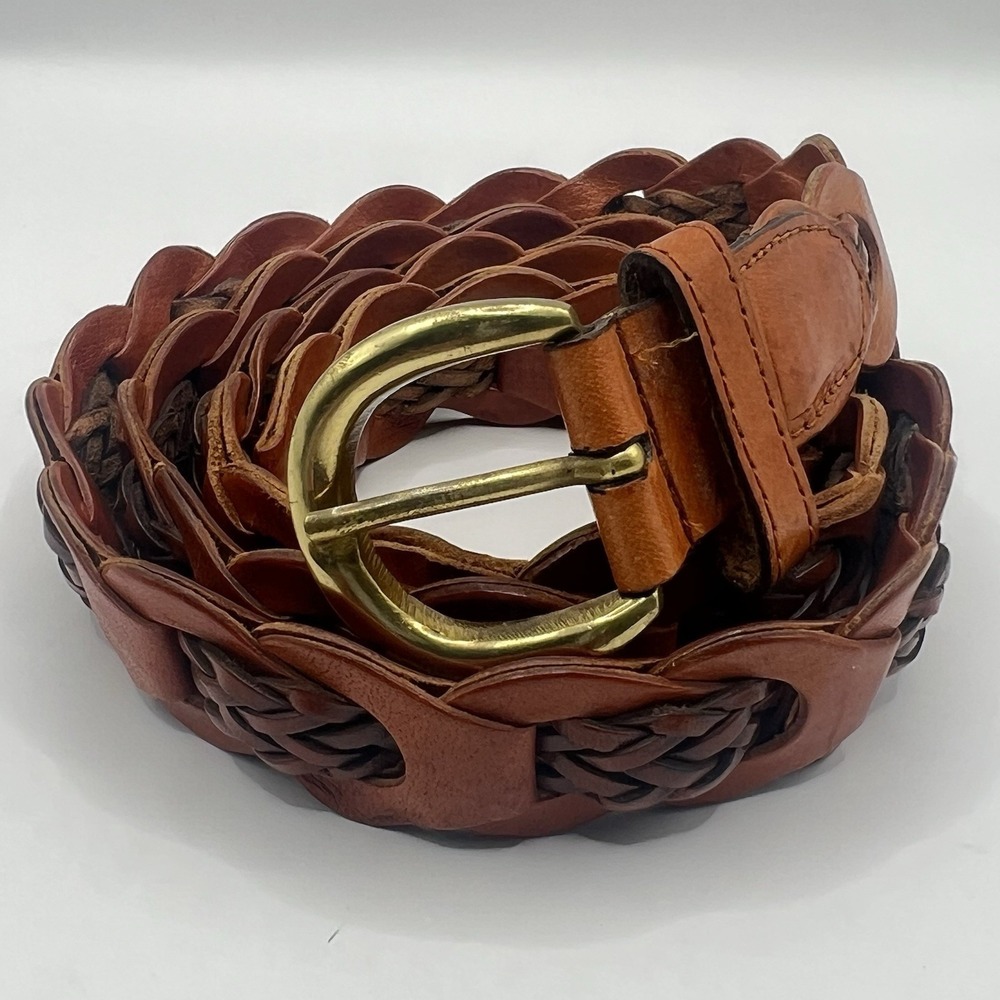 Vintage Aimee Lynn Braided Woven Leather Belt Brass Buckle 3X Brown Boho